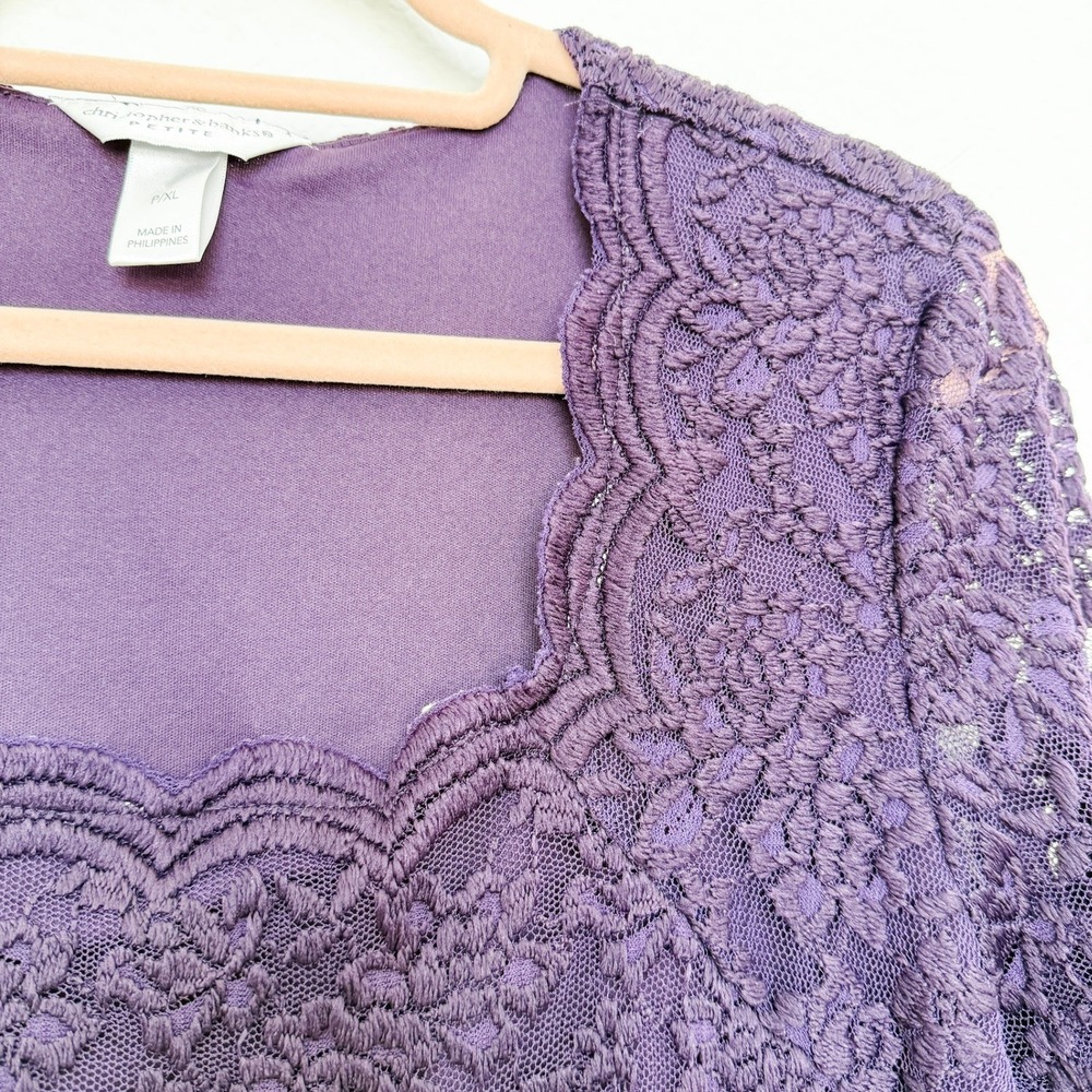 Womens Lace Top XL Petite Purple Scalloped Neck 3/4 Sleeve Romantic Classic - Picture 5 of 8